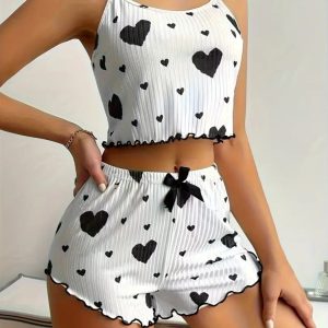 Pijama de Poliéster con estampado de corazones y shorts-Talla XL