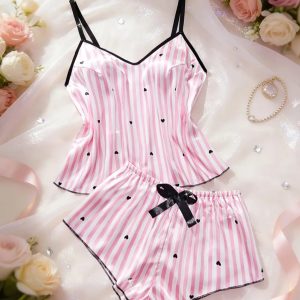 Pijama de Satín con cuello en V, estampado de corazones y Shorts-Talla M
