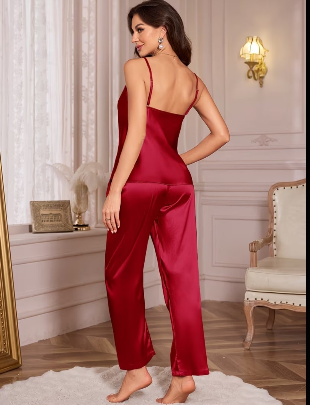 Pijama de Satín cuello redondo con Pantalón Largo-Talla M-L