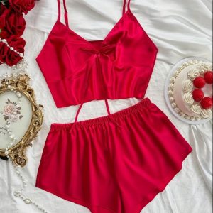 Pijama de Satín con cuello V y Shorts-Talla S