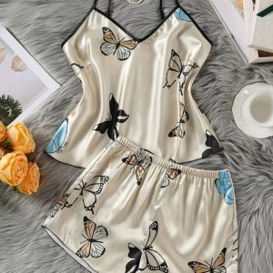 Pijama de Satín con estampado de mariposas y Shorts-Talla XL